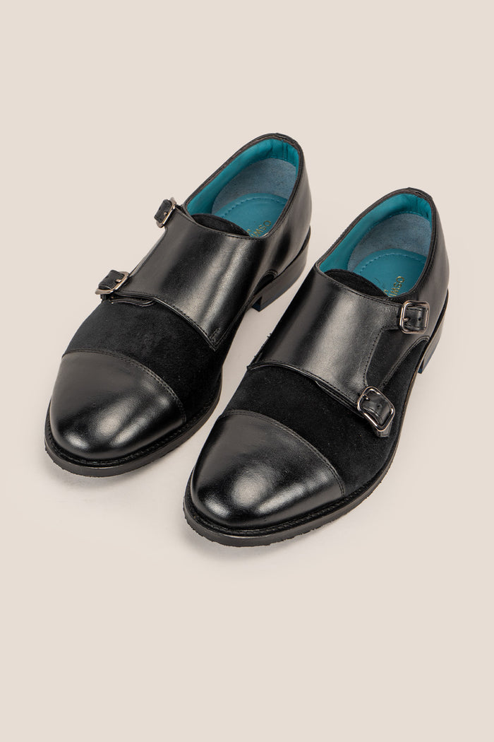 Oscar Black velvet monk strap men's leather shoes featuring premium craftsmanship and elegant design, ideal for formal occasions.