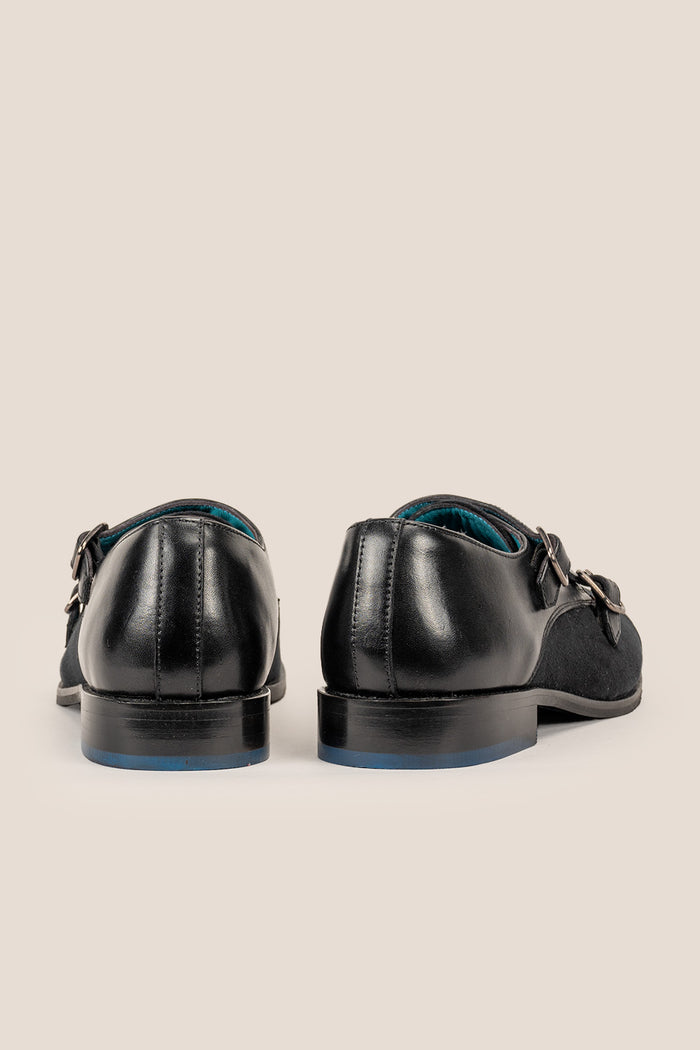 Oscar Black velvet monk strap men's leather shoes featuring premium craftsmanship and elegant design, ideal for formal occasions.