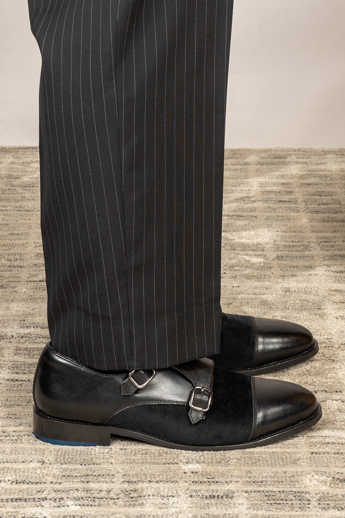 Oscar Black velvet monk strap men's leather shoes featuring premium craftsmanship and elegant design, ideal for formal occasions.