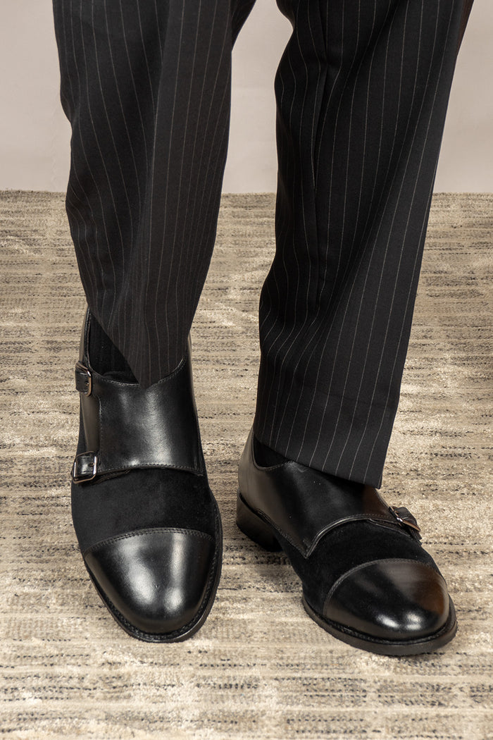 Oscar Black velvet monk strap men's leather shoes featuring premium craftsmanship and elegant design, ideal for formal occasions.