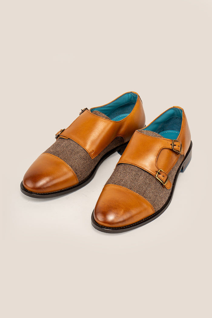 Oscar cognac monk strap men’s shoes crafted from premium leather with tweed accents, ideal for formal and smart-casual occasions.