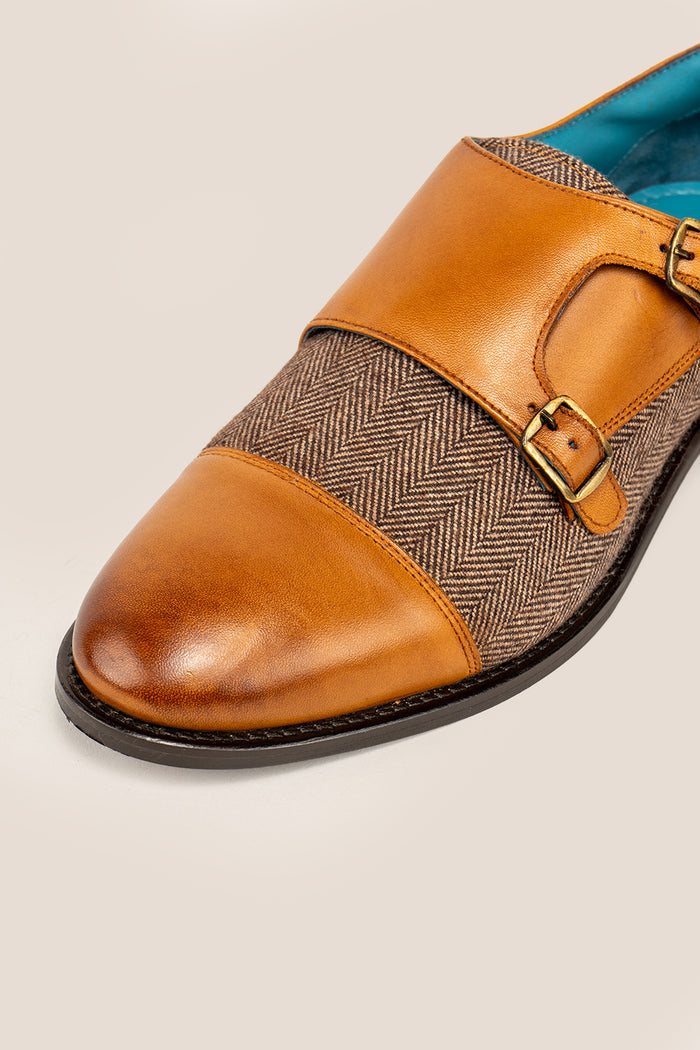 Oscar cognac monk strap men’s shoes crafted from premium leather with tweed accents, ideal for formal and smart-casual occasions.