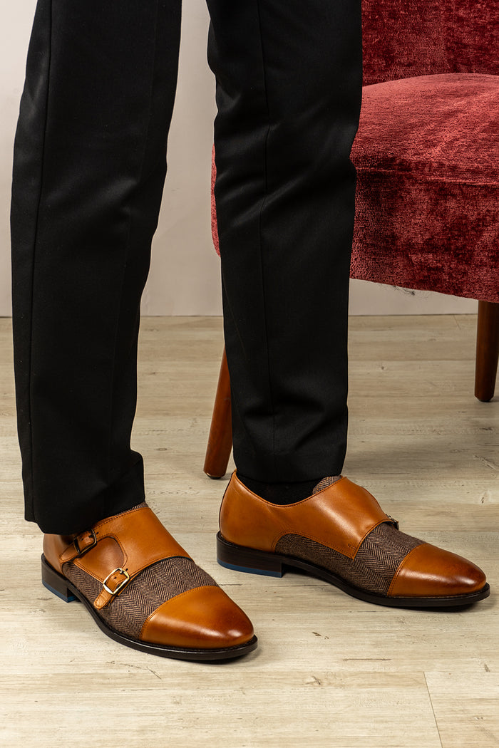 Oscar cognac monk strap men’s shoes crafted from premium leather with tweed accents, ideal for formal and smart-casual occasions.