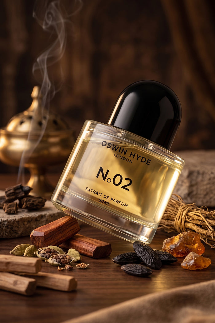 Oswin Hyde London No.02 Extrait de Parfum 50ml glass bottle with golden liquid, resting on a wood surface surrounded by fragrance ingredients including oud wood, amber resin, cardamom pods, tonka beans, and sandalwood in a warm, ornate setting.