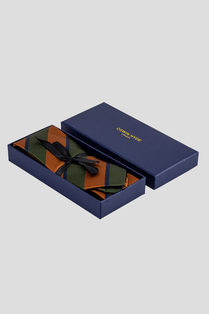 Otis Copper/Green tie with vintage stripe design, ideal for weddings, parties, and formal occasions.