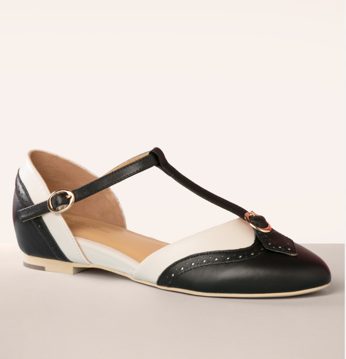 Parisienne T-Strap Schuhe, Schwarz-Weiß