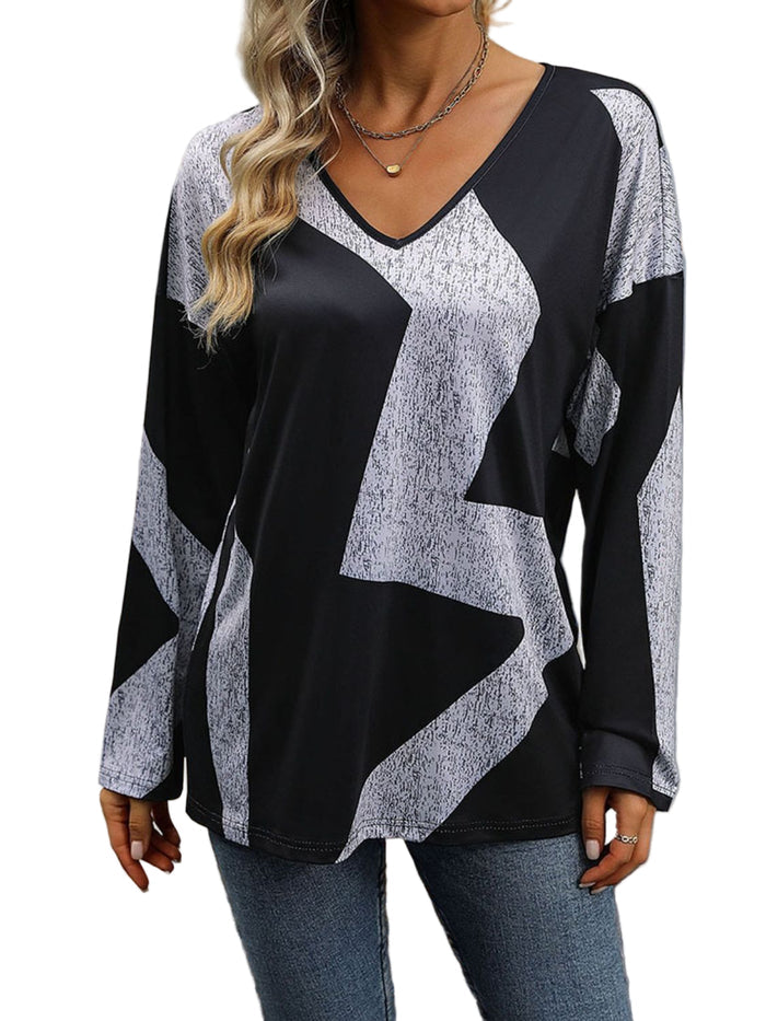 Perfee Color Block V-Neck Long Sleeve T-Shirt