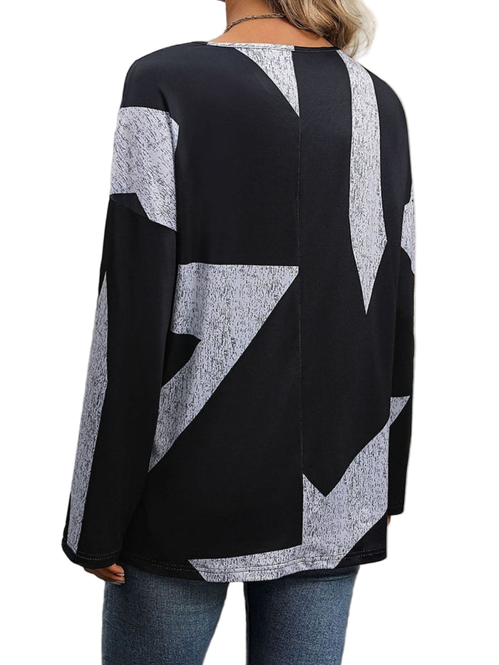 Perfee Color Block V-Neck Long Sleeve T-Shirt