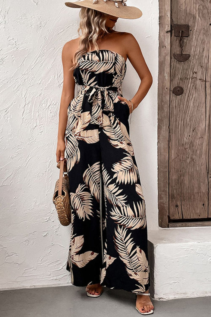 Perfee Printed Strapless Wide-Leg Belted Jumpsuit