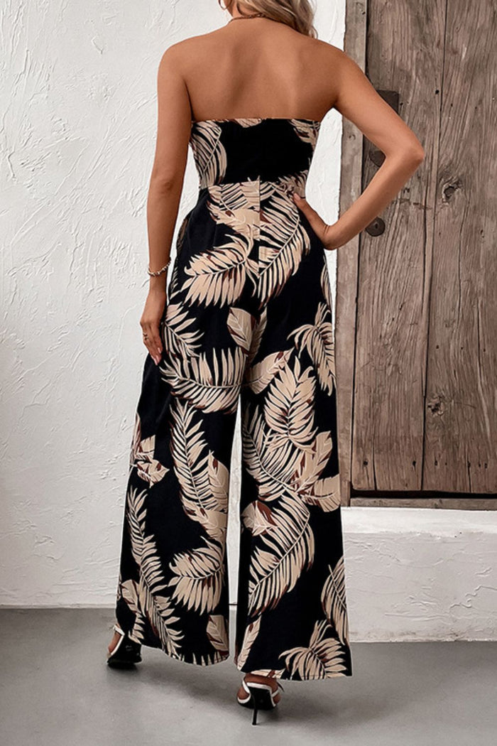 Perfee Printed Strapless Wide-Leg Belted Jumpsuit