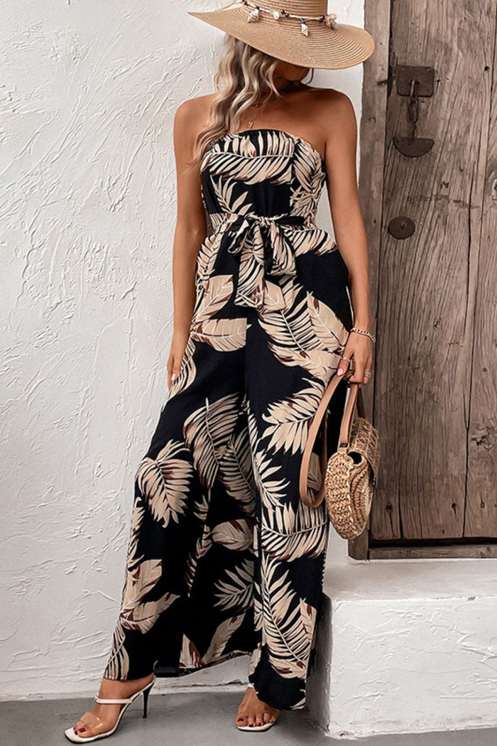 Perfee Printed Strapless Wide-Leg Belted Jumpsuit