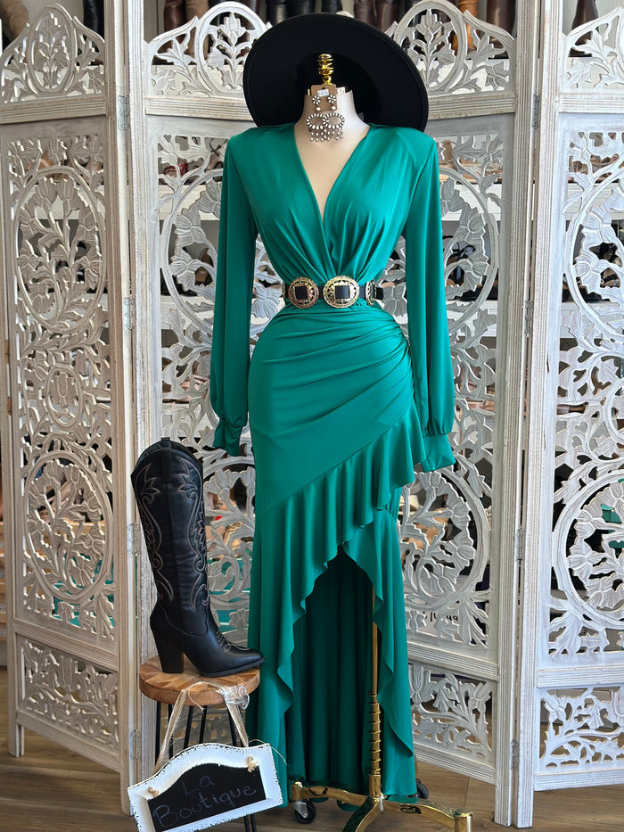 Persian Green Asymmetrical Ruffle Dress-Estira, Stretchy