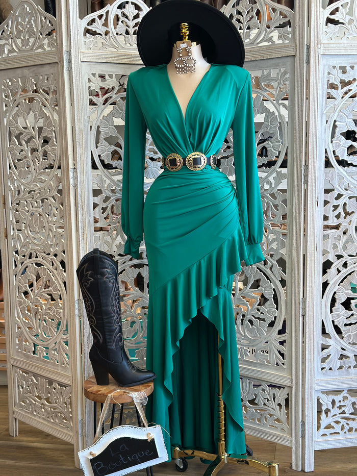 Persian Green Asymmetrical Ruffle Dress-Estira, Stretchy