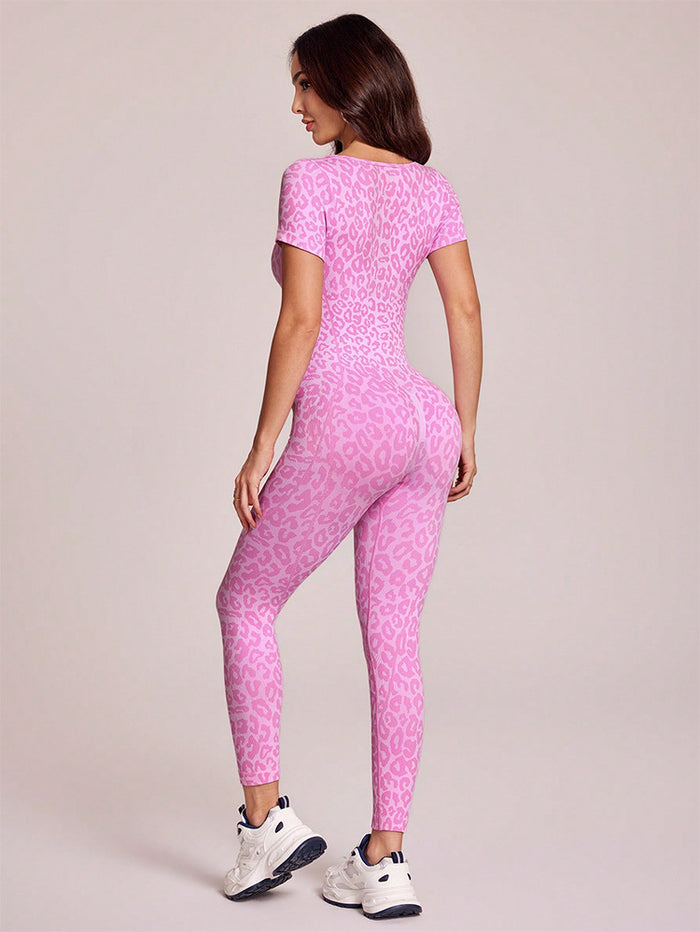 Pink Leopard Print Square Neck Short-Sleeve Compression Jumpsuit