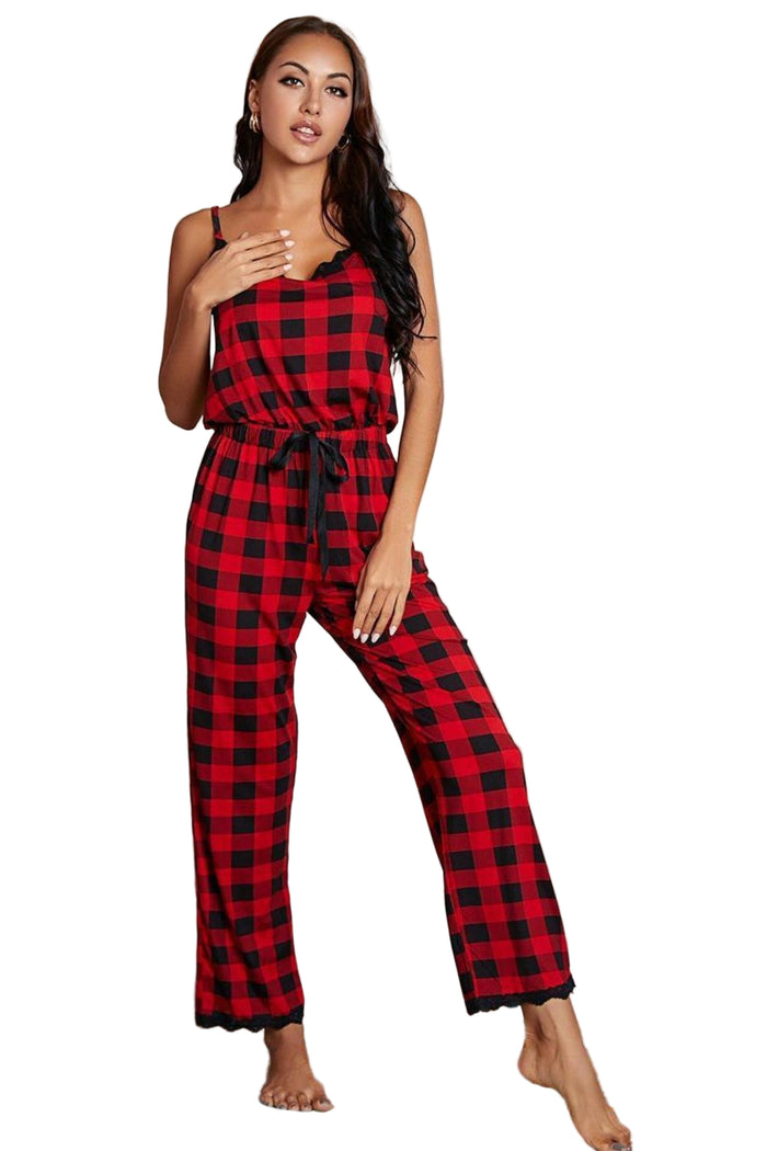Plaid Lace Trim Spaghetti Strap Lounge Jumpsuit