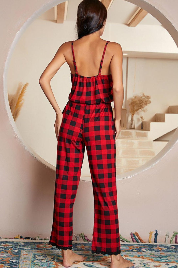 Plaid Lace Trim Spaghetti Strap Lounge Jumpsuit