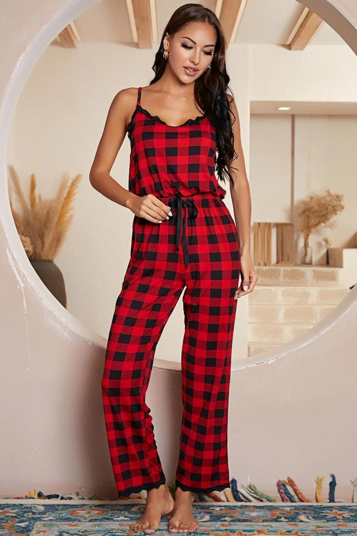 Plaid Lace Trim Spaghetti Strap Lounge Jumpsuit