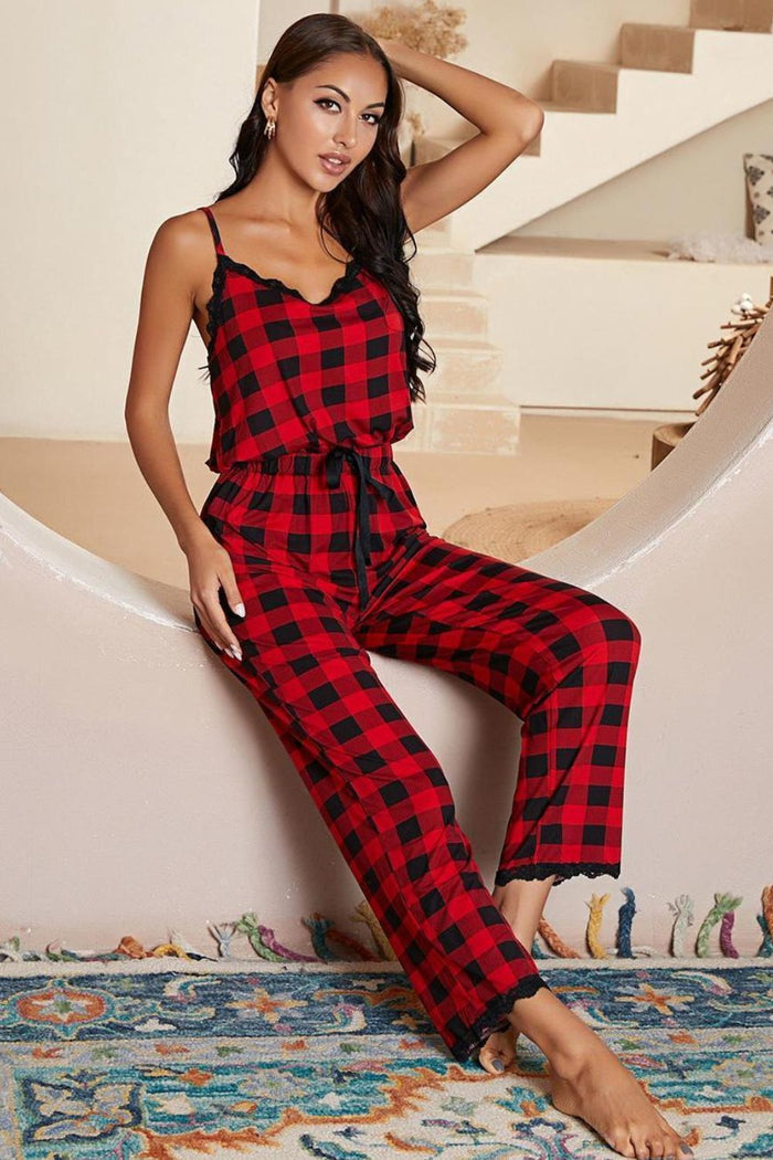 Plaid Lace Trim Spaghetti Strap Lounge Jumpsuit