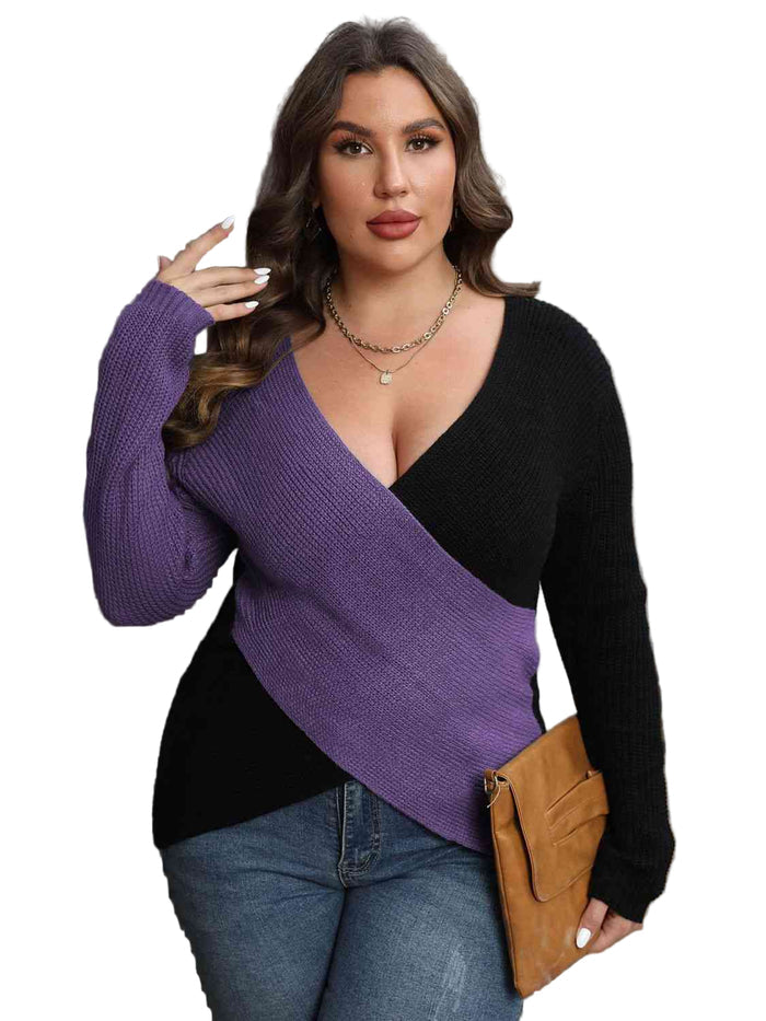 Plus Size Two-Tone Surplice Neck Sweater