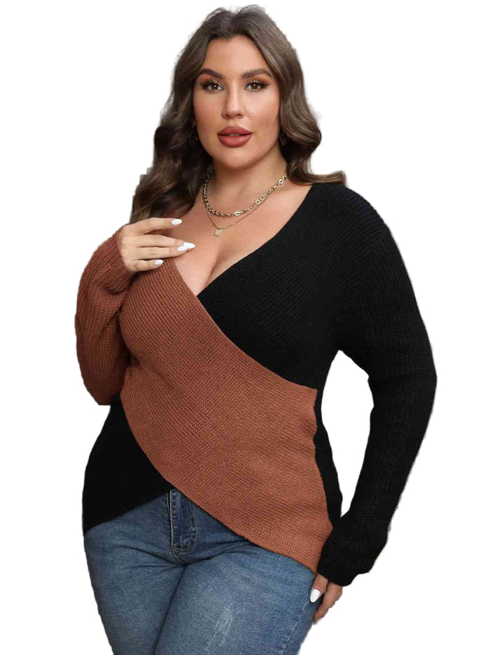 Plus Size Two-Tone Surplice Neck Sweater