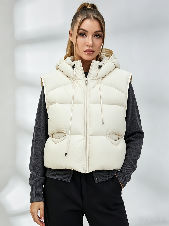 Pocket Zipper Warm With Hat Coat Vest