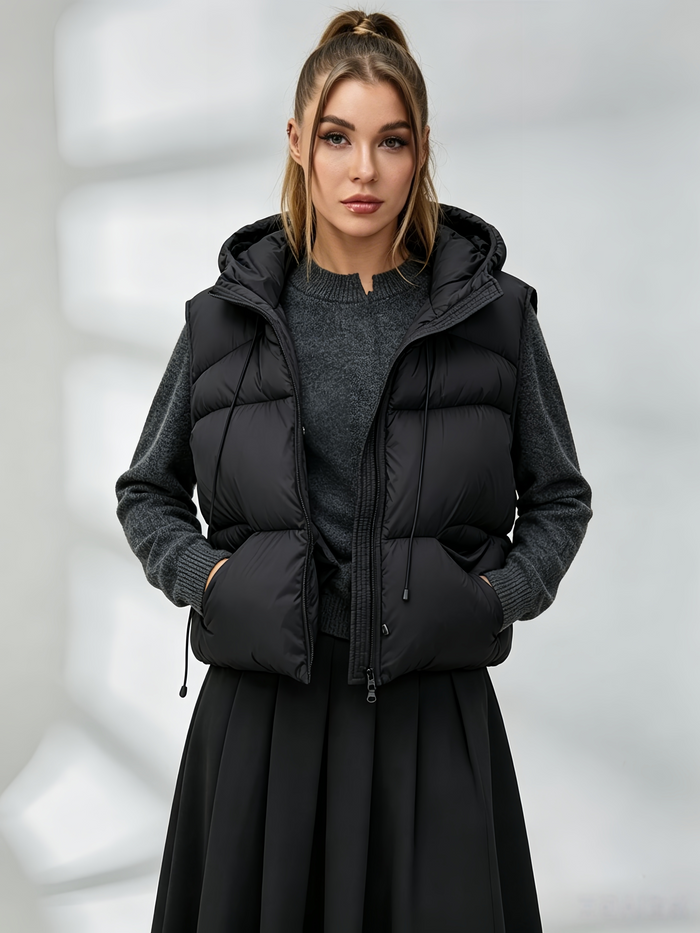 Pocket Zipper Warm With Hat Coat Vest