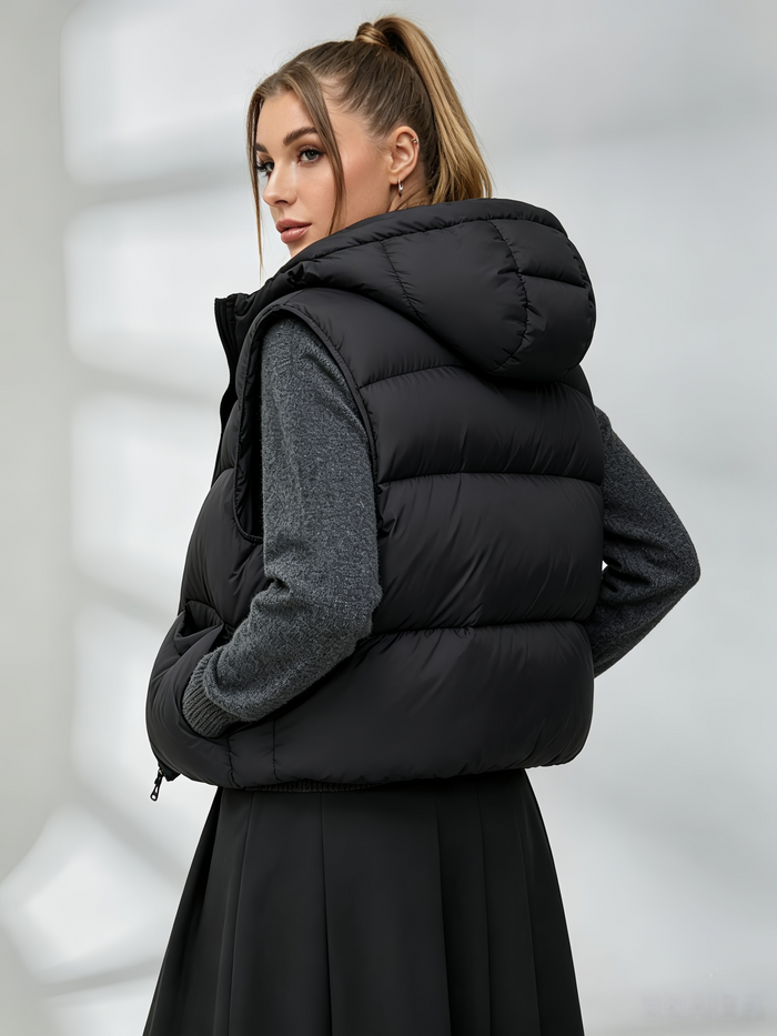 Pocket Zipper Warm With Hat Coat Vest