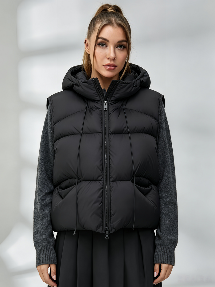 Pocket Zipper Warm With Hat Coat Vest