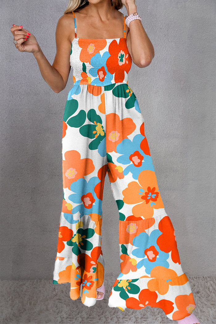 Printed Smocked Spaghetti Strap Boho Jumpsuit