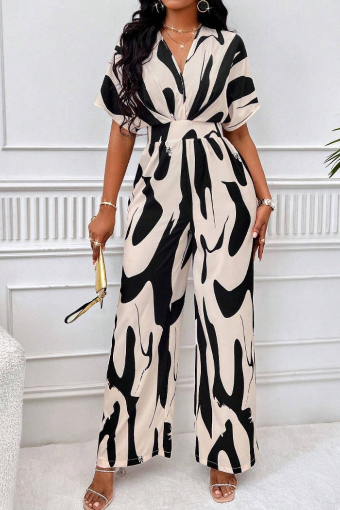 Printed V-Neck Short Sleeve Wide-Leg Statement Jumpsuit