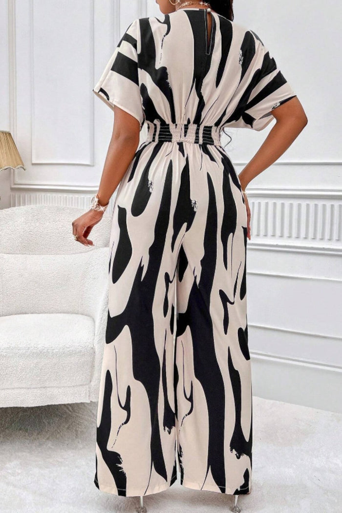 Printed V-Neck Short Sleeve Wide-Leg Statement Jumpsuit