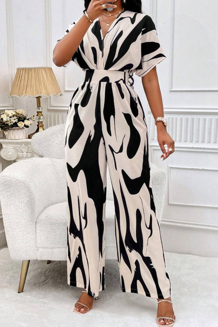 Printed V-Neck Short Sleeve Wide-Leg Statement Jumpsuit