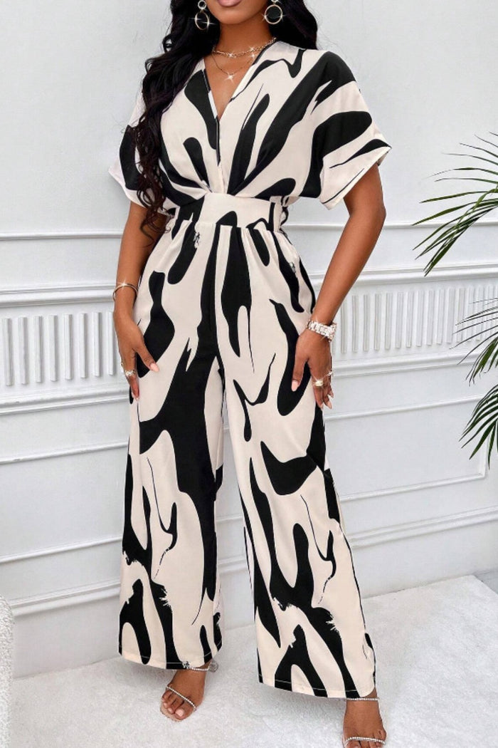 Printed V-Neck Short Sleeve Wide-Leg Statement Jumpsuit