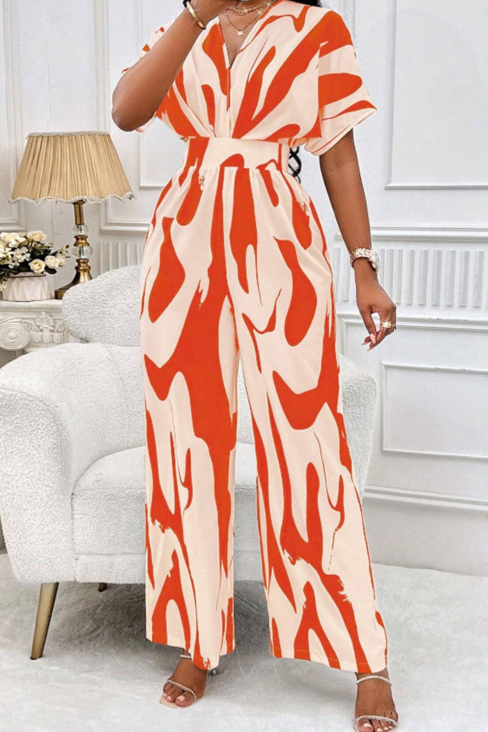 Printed V-Neck Short Sleeve Wide-Leg Statement Jumpsuit