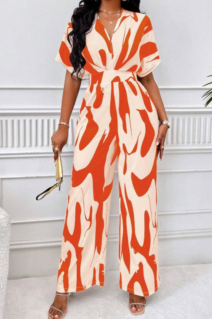 Printed V-Neck Short Sleeve Wide-Leg Statement Jumpsuit