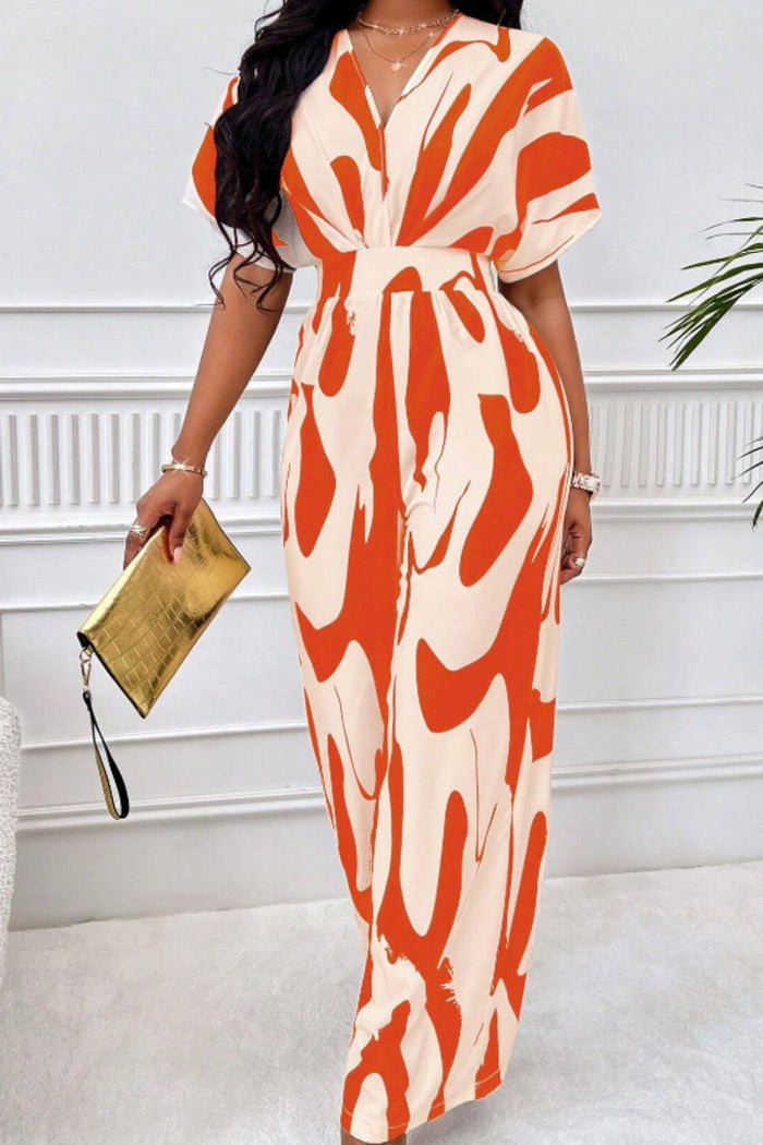 Printed V-Neck Short Sleeve Wide-Leg Statement Jumpsuit