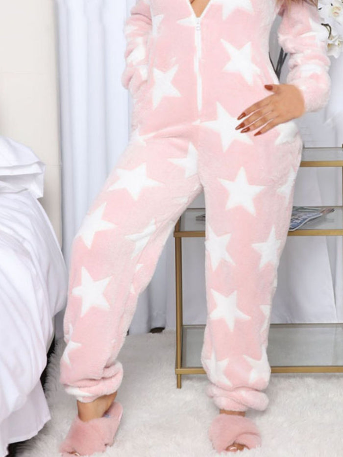 Printed Zip-Up Long Sleeve Hooded Lounge Jumpsuit