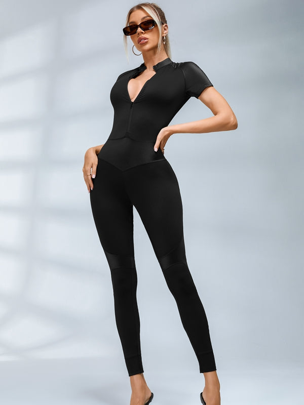 PU Half Zipper Peach Booty Jumpsuit
