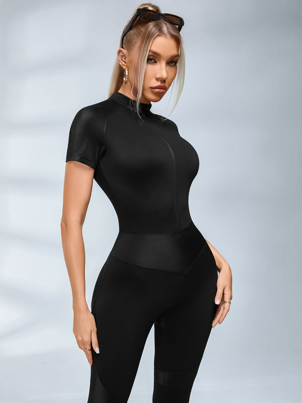 PU Half Zipper Peach Booty Jumpsuit