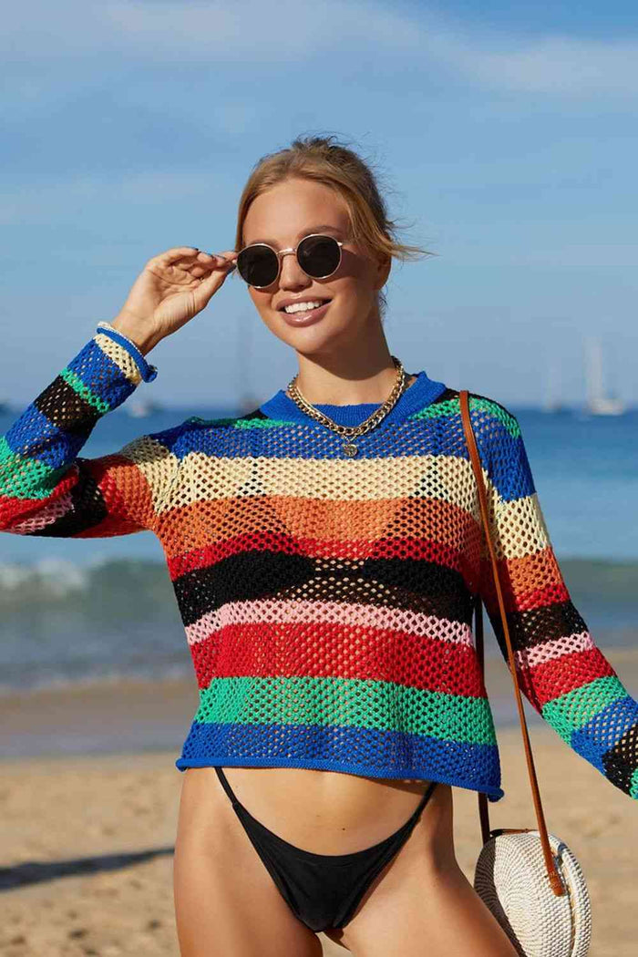 Rainbow Stripe Openwork Long Sleeve Cover-Up for Summer