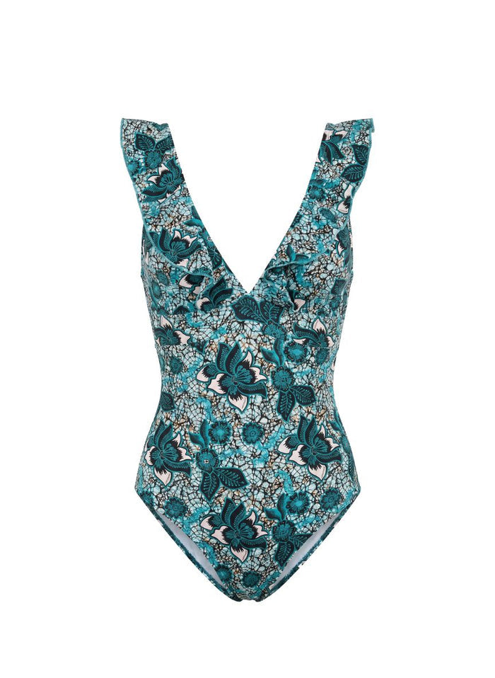 One-Piece Emmanuela Swimwear Rania V Neck Ruffled One Piece Green Floral Apoella