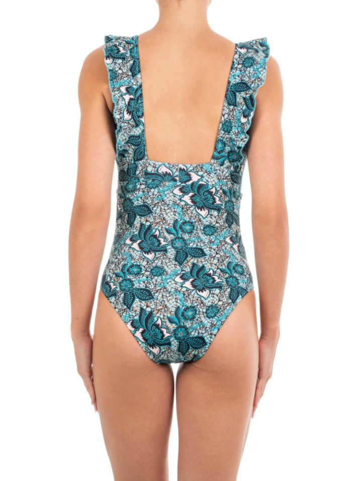 One-Piece Emmanuela Swimwear Rania V Neck Ruffled One Piece Green Floral Apoella