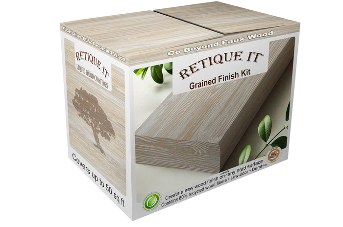 Retique It Raw Wood Kit (Med) with bleached, grained wood finish in a box for finishing projects.