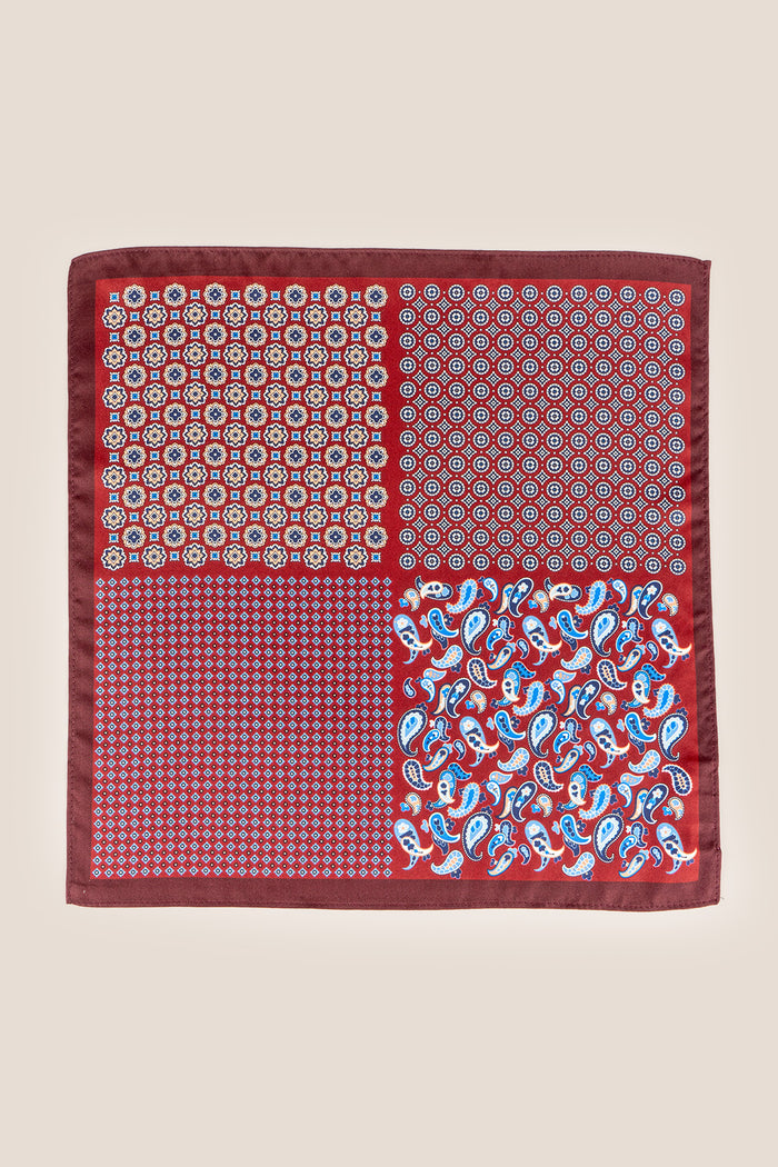 Red 4 Way silk pocket square for men, featuring rich silk fabric and detailed finish, perfect for weddings, formal events, and stylish accessories.