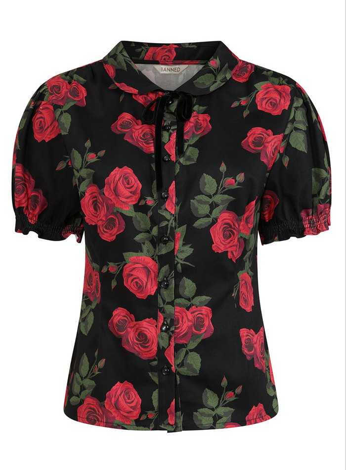 Retro-Bluse Lilly Romantic mit Rosen, Schwarz