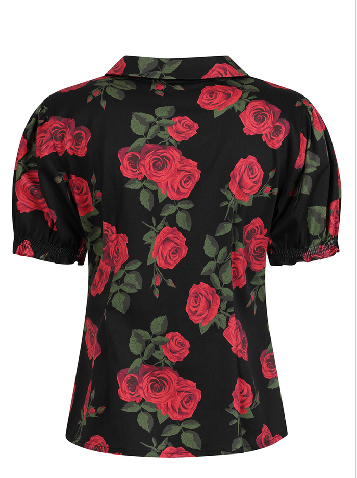 Retro-Bluse Lilly Romantic mit Rosen, Schwarz