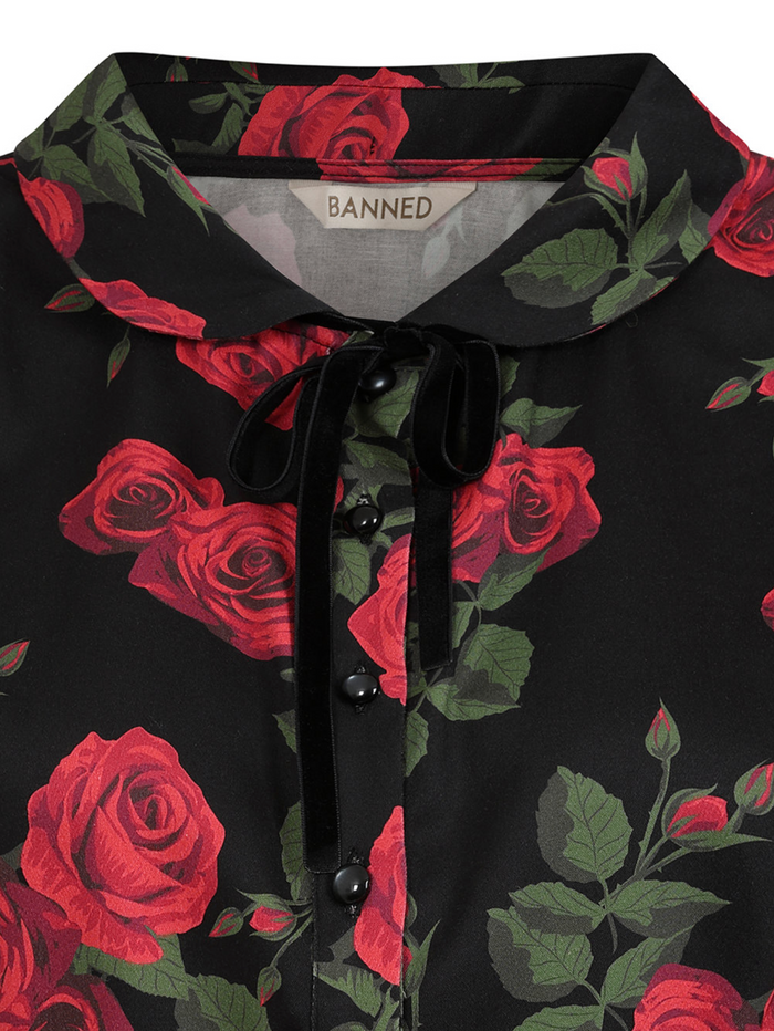 Retro-Bluse Lilly Romantic mit Rosen, Schwarz