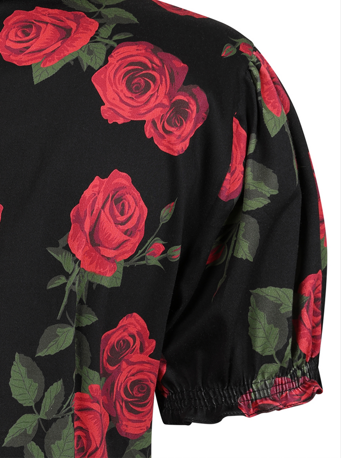 Retro-Bluse Lilly Romantic mit Rosen, Schwarz