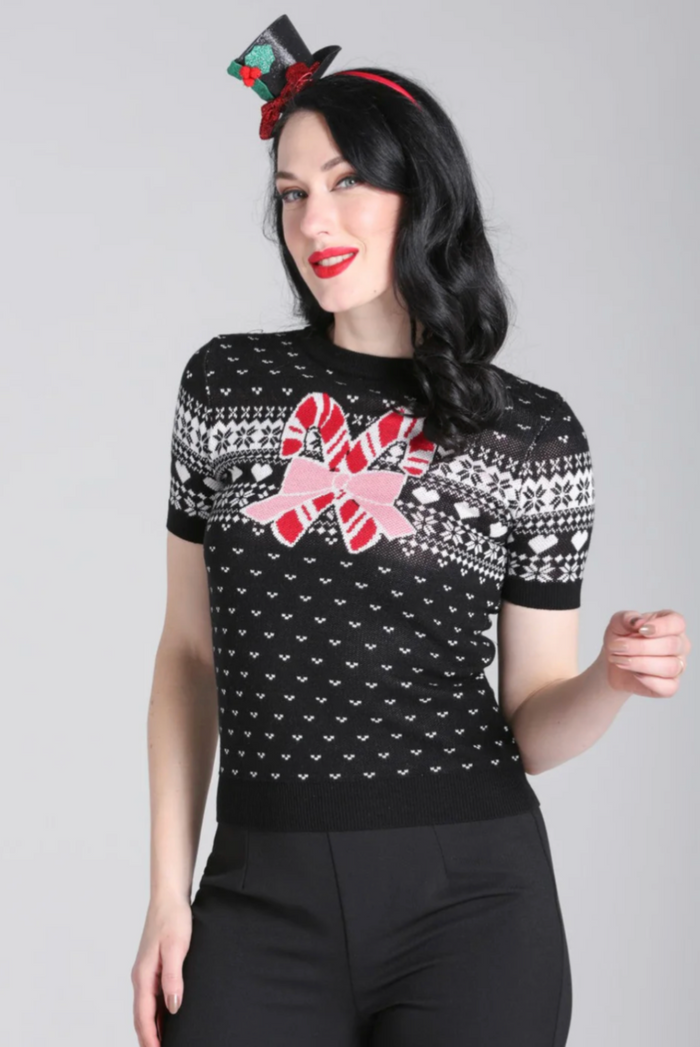 Retro Pullover Natalie mit Zuckerstangenmotiv, Schwarz
