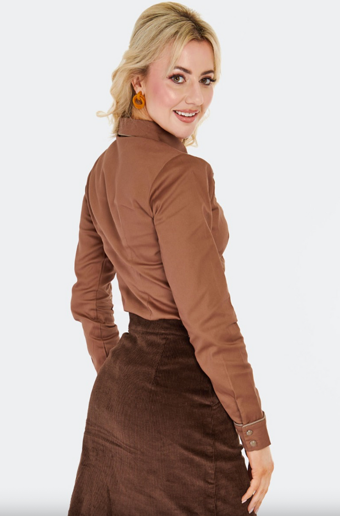 Retro Western-Bluse mit Stickerrei, Plaid Panel, Braun, Plus Size
